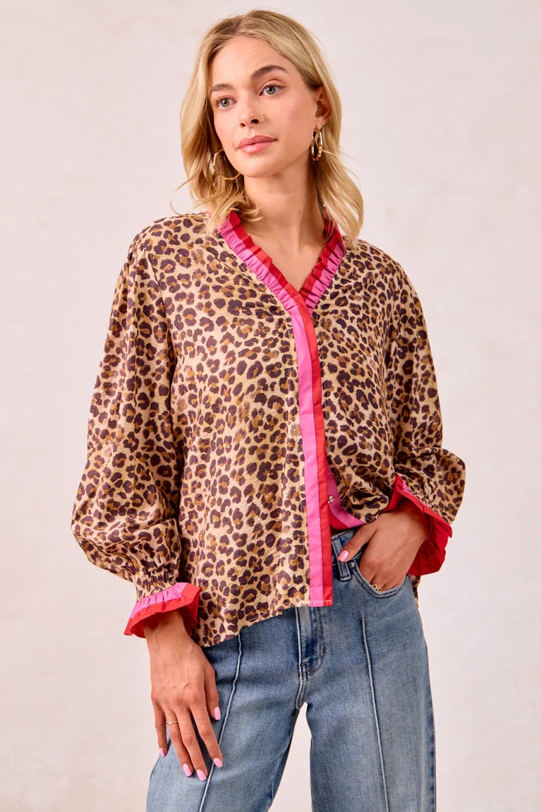 Bibi Leopard Print Top with Stripe Wavy Trim Detail