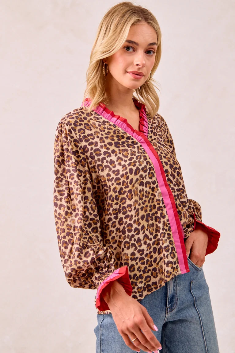 Bibi Leopard Print Top with Stripe Wavy Trim Detail