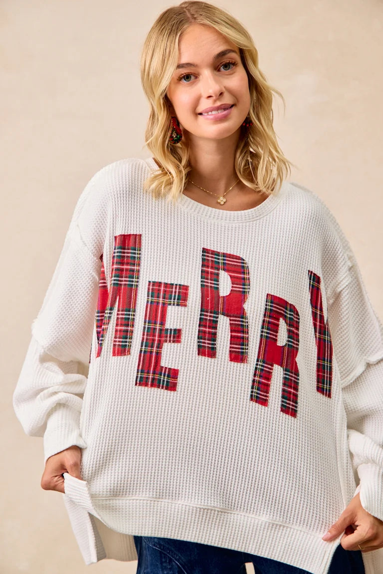 Bibi Christmas Plaid Merry Lettering Oversized Pullover