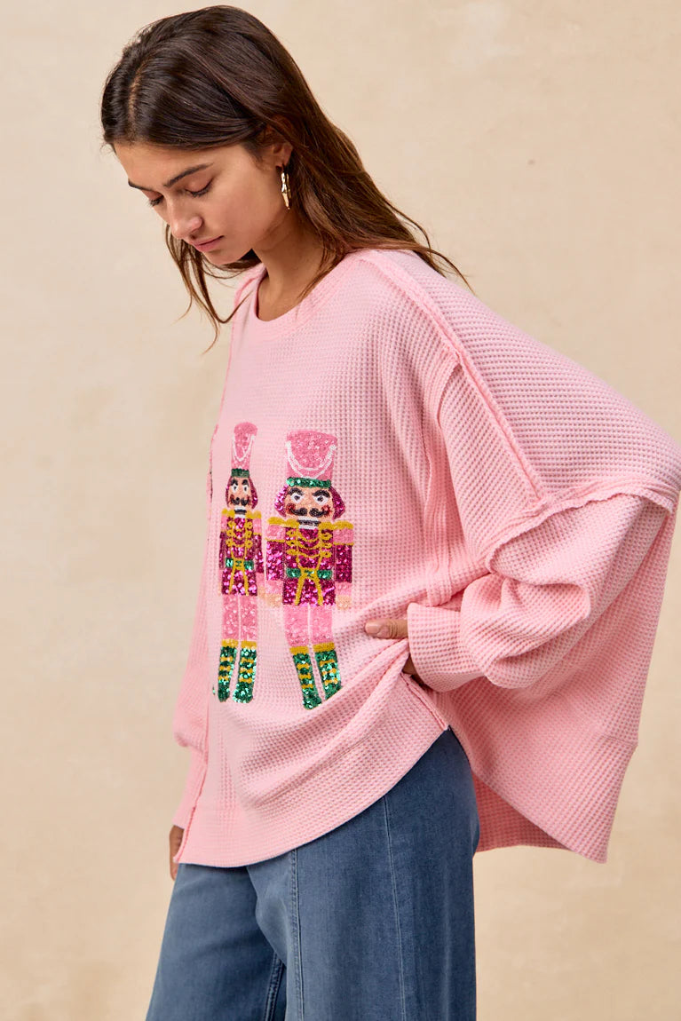 Bibi Pink Christmas Sequin Nutcrackers Embroidery Sweatshirt