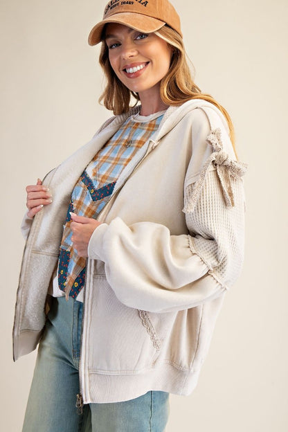 Easel ECRU WASHED TERRY KNIT ZIP UP HOODIE JACKET