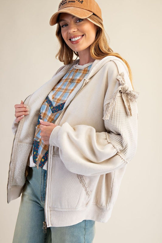 Easel ECRU WASHED TERRY KNIT ZIP UP HOODIE JACKET