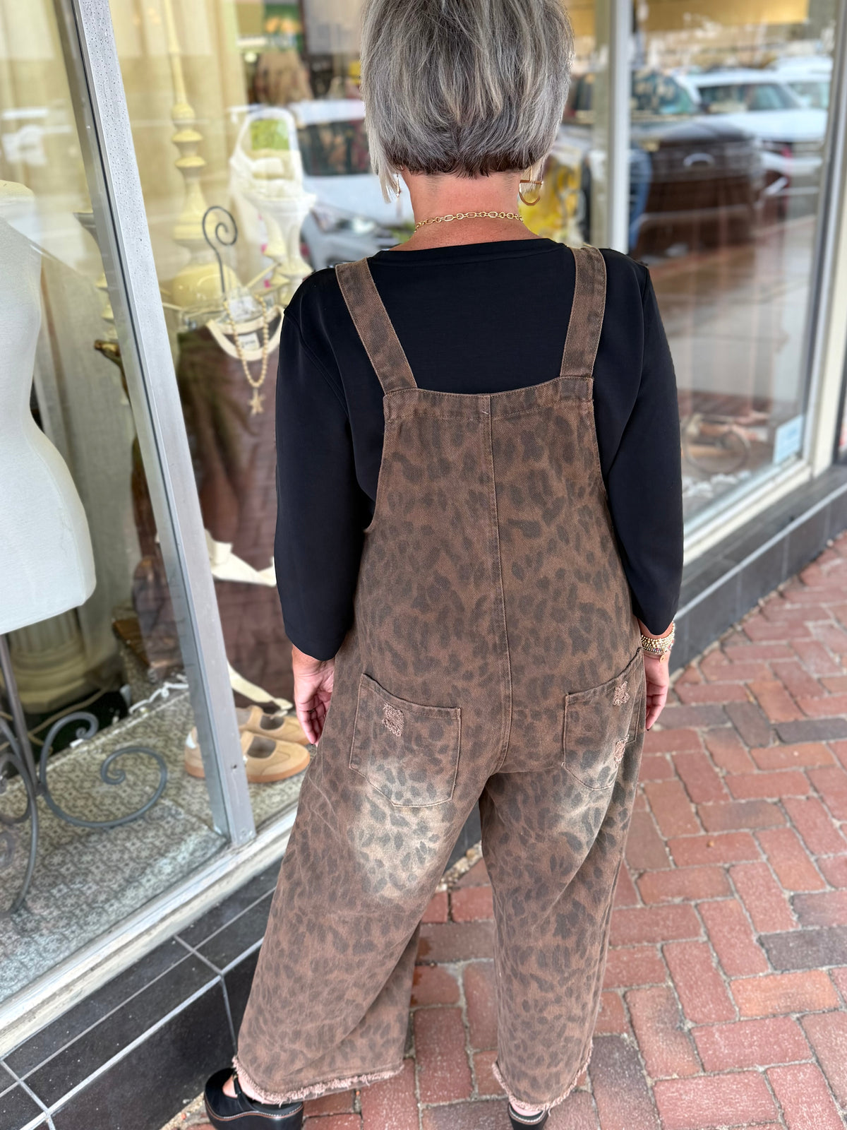 Easel Brown ANIMAL PRINTED WASHED DEINIM OVERALL JUMPSUIT