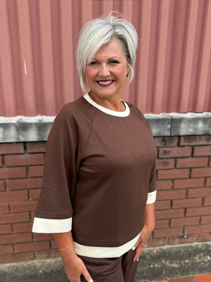 Umgee Coco Brown LUXEKNIT Colorblock Crewneck Raglan Sleeve Top