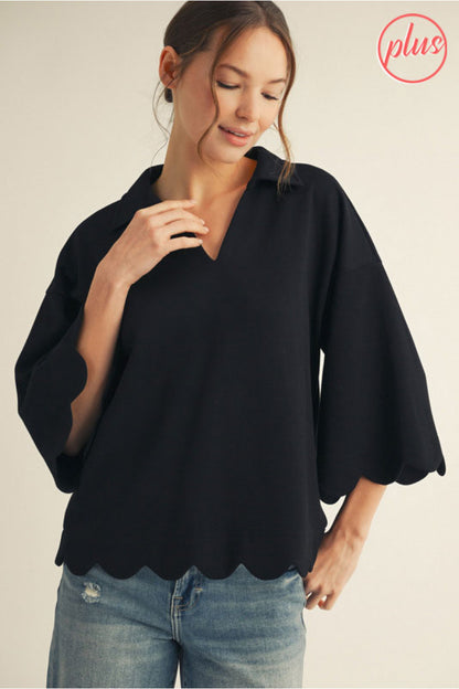 Jodifl Black Lux Fabric Collared Top with scalloped hem