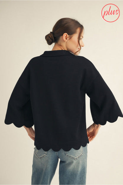 Jodifl Black Lux Fabric Collared Top with scalloped hem