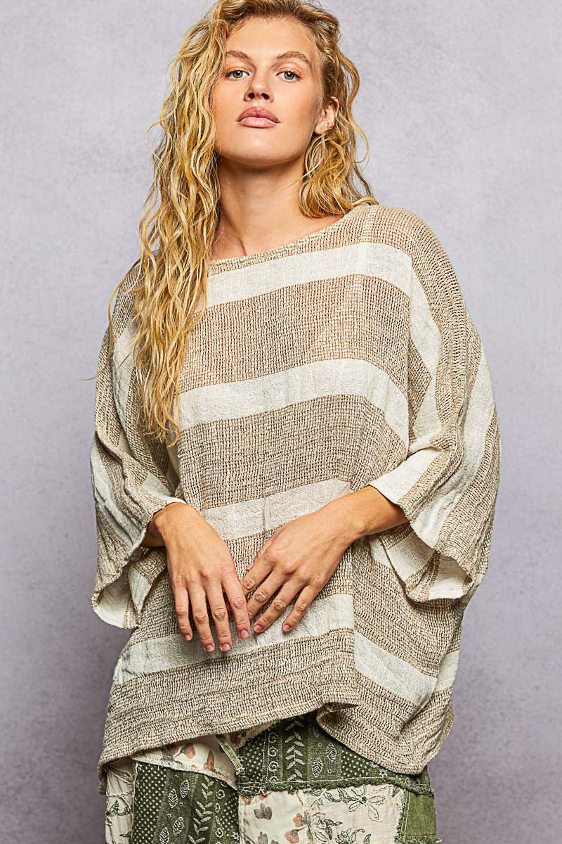 POL Round Neck Linen Striped Top