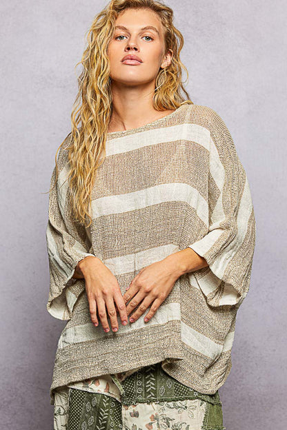 POL Round Neck Linen Striped Top