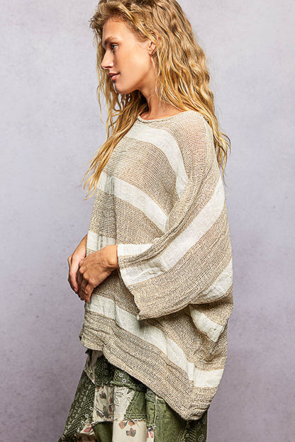 POL Round Neck Linen Striped Top