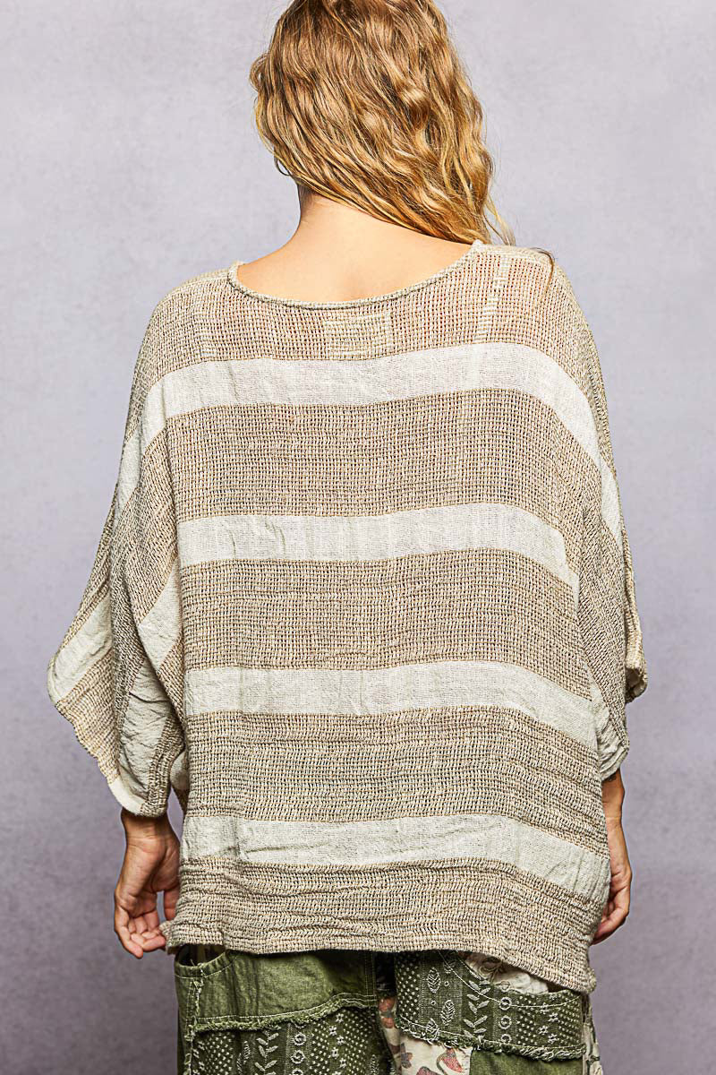POL Round Neck Linen Striped Top