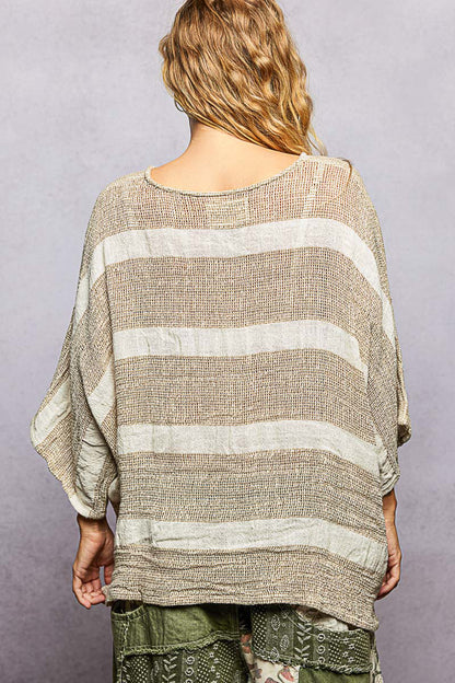 POL Round Neck Linen Striped Top
