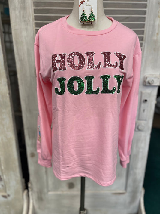 Sequin Long Sleeve Holly Jolly Christmas Sweatshirt