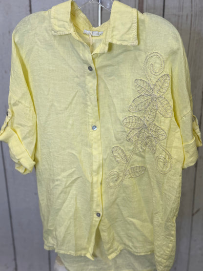 Made in Italy Collared Linen Blouse with Flower Detail