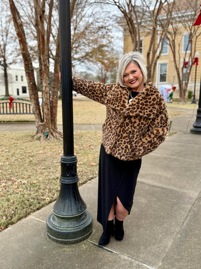 Leopard Wide Lapel Faux Fur Jacket - Camel