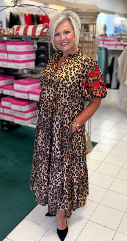 Jodifl Animal Print Tiered Dress with Embroidered Puff Sleeves