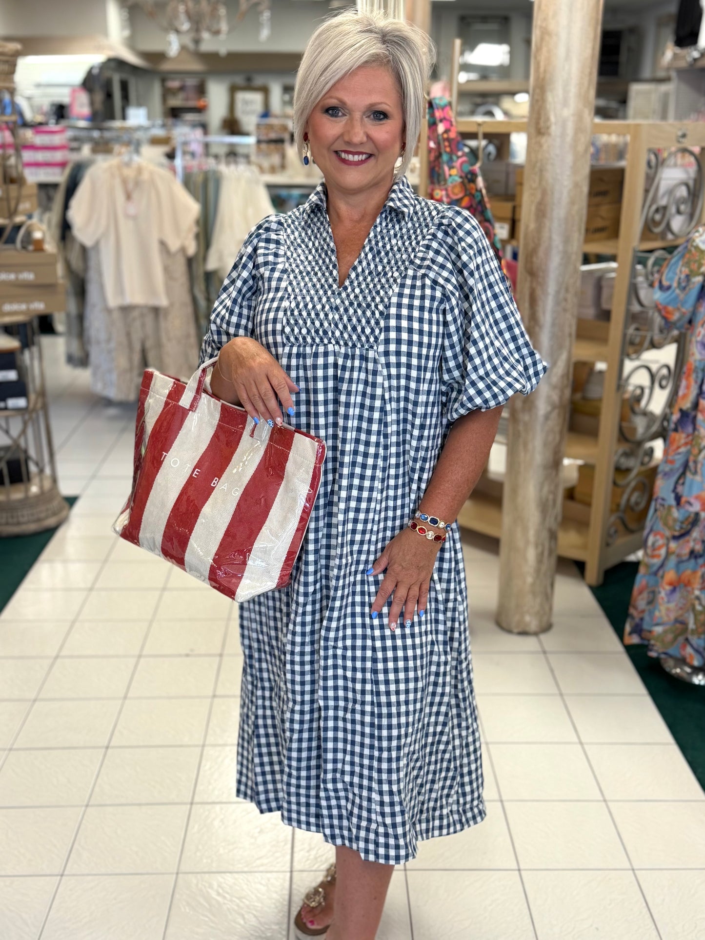 Umgee Denim Blue Puff Sleeve Plaid Midi Dress