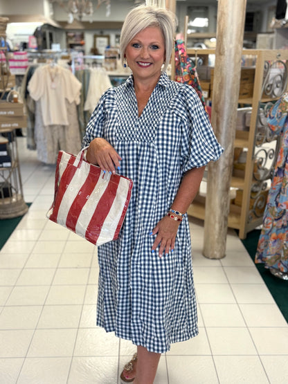Umgee Denim Blue Puff Sleeve Plaid Midi Dress