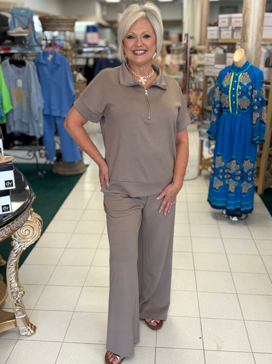 ZENANA COCOA SCUBA HIGH NECK HALF ZIP TOP & PANTS SET