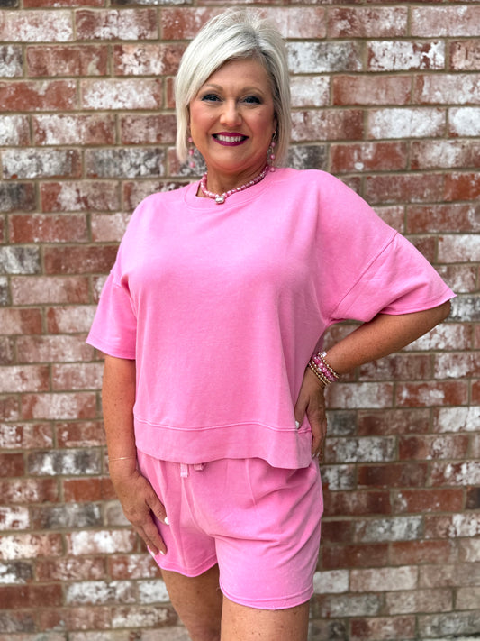 Pink Mineral Washed Knit Short Set