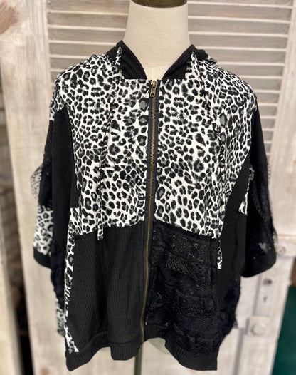 POL Black Leopard & Lace Zip Up Hoodie