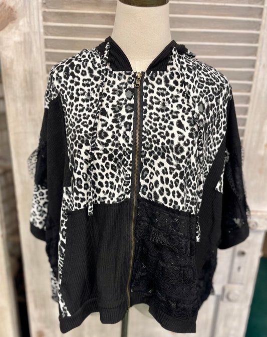 POL Black Leopard & Lace Zip Up Hoodie