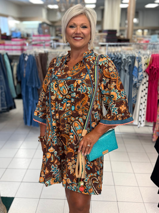 Umgee Brown Mix Paisley Print Mini Dress