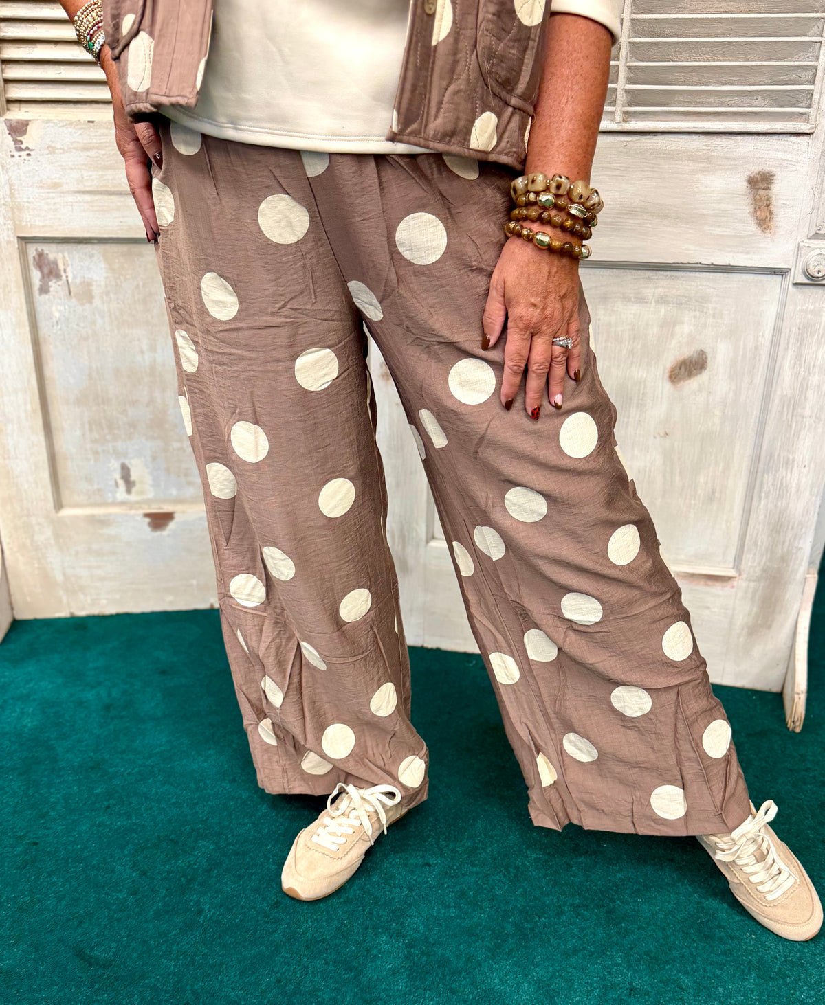 Umgee Mocha Polka Dot Wide Leg Crop Pants with Pockets