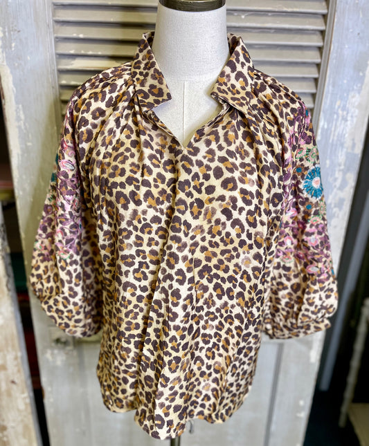 Umgee Leopard Print Top with Embroidered Sleeves