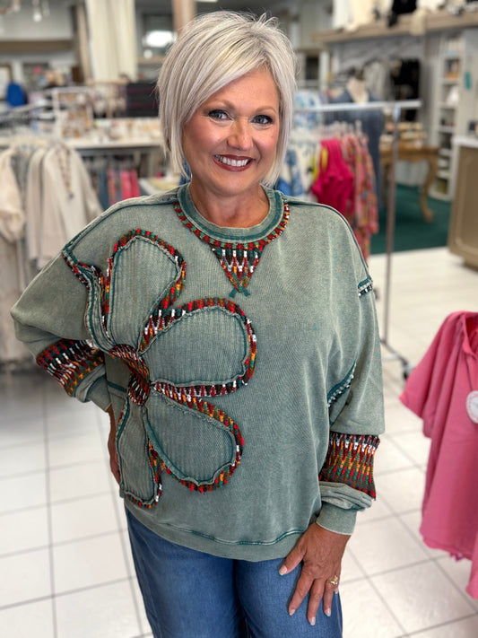 Easel Pine Green Floral Patch Washed Terry Pullover