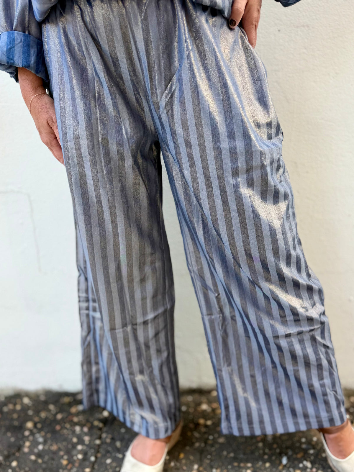 Glam Indigo High Waist Wide Leg Metallic Stripe Pants