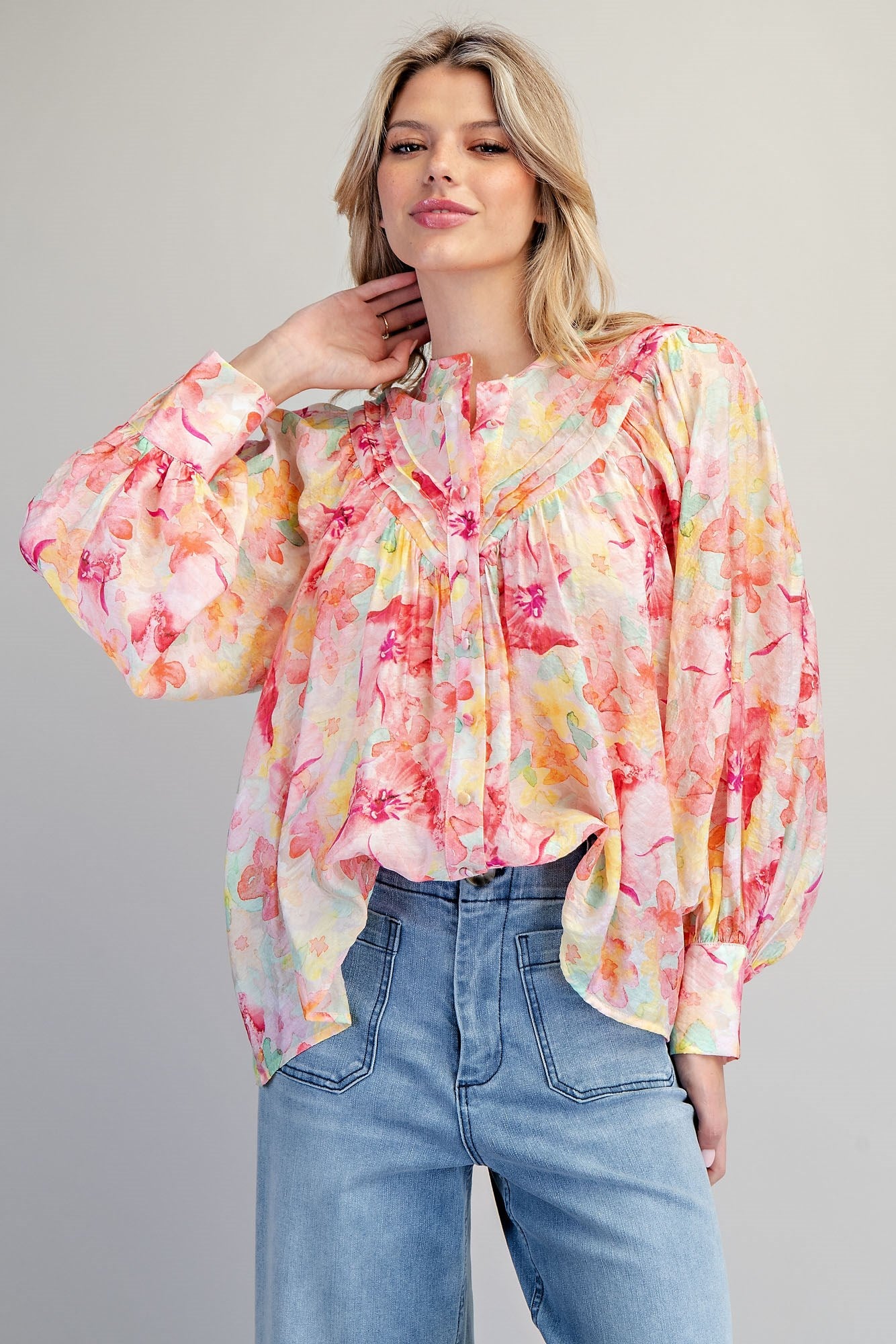 EESOME Rose Blush Floral Printed Button Down Blouse ✨