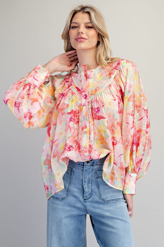EESOME Rose Blush Floral Printed Button Down Blouse ✨