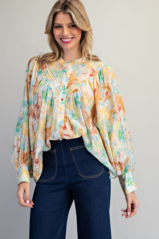 EESOME Aqua Sorbet Floral Printed Button Down Blouse ✨