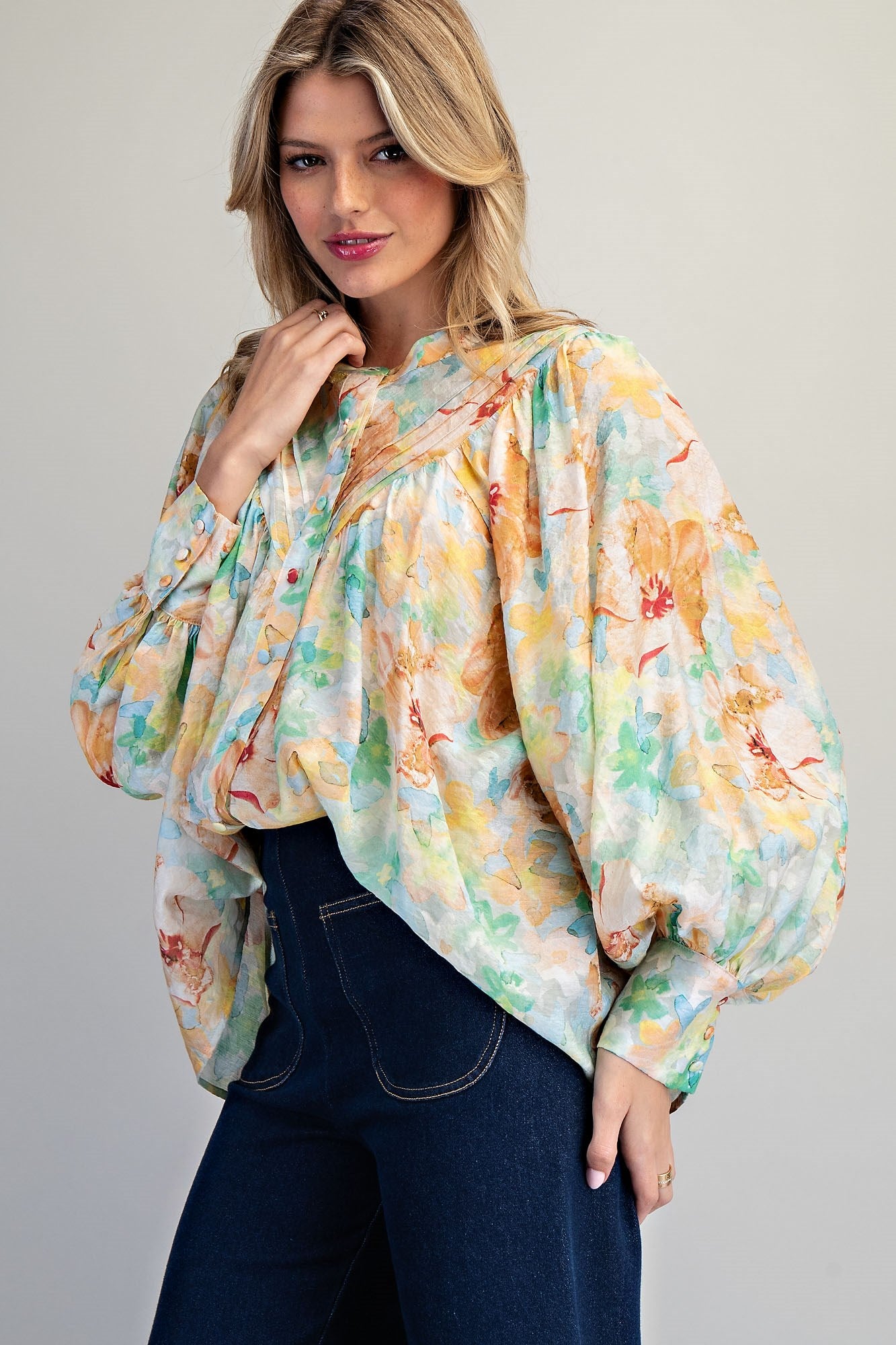 EESOME Aqua Sorbet Floral Printed Button Down Blouse ✨