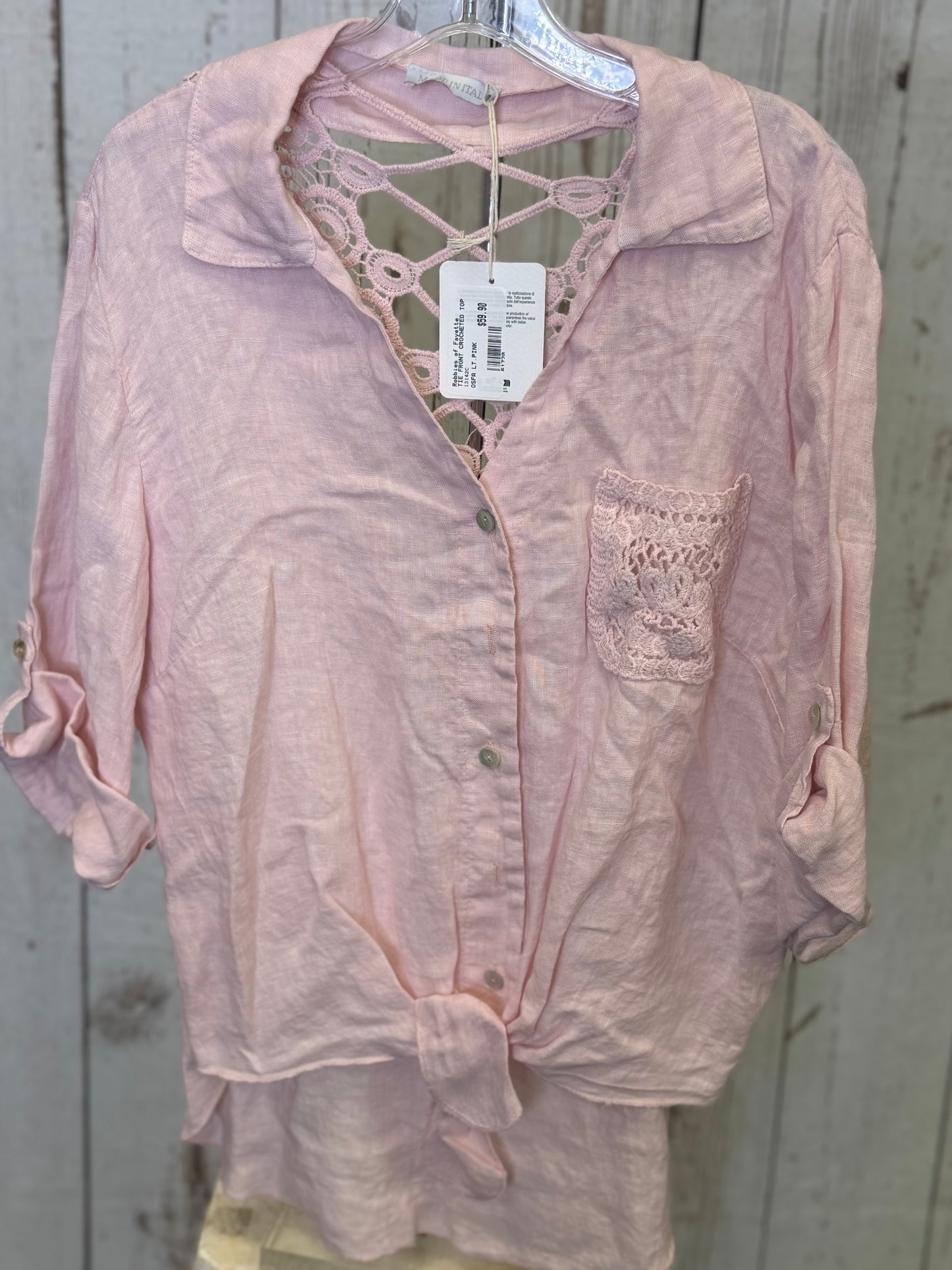 Made in Italy Tie Front Linen Top with Crocheted Back Detail