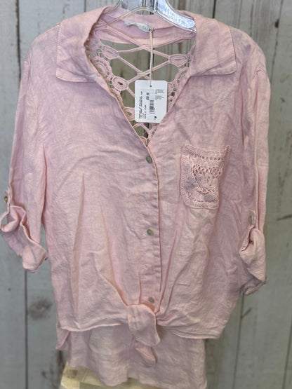 Made in Italy Tie Front Linen Top with Crocheted Back Detail