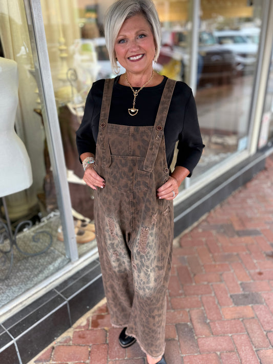 Easel Brown ANIMAL PRINTED WASHED DEINIM OVERALL JUMPSUIT