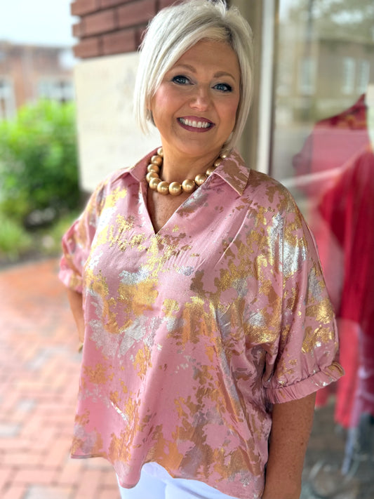 Jodifl PinkDrop Shoulder Dolman Sleeves Metallic Top