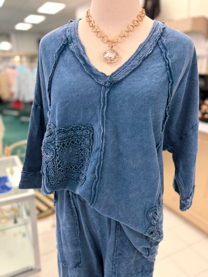 J. Her Slate Blue Mineral Washed Cotton Trim Patched Raw Edge Top