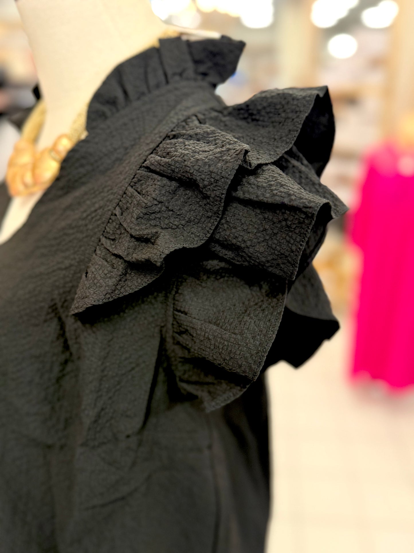 Umgee Black Textured Ruffle Sleeve V-Neck Blouse