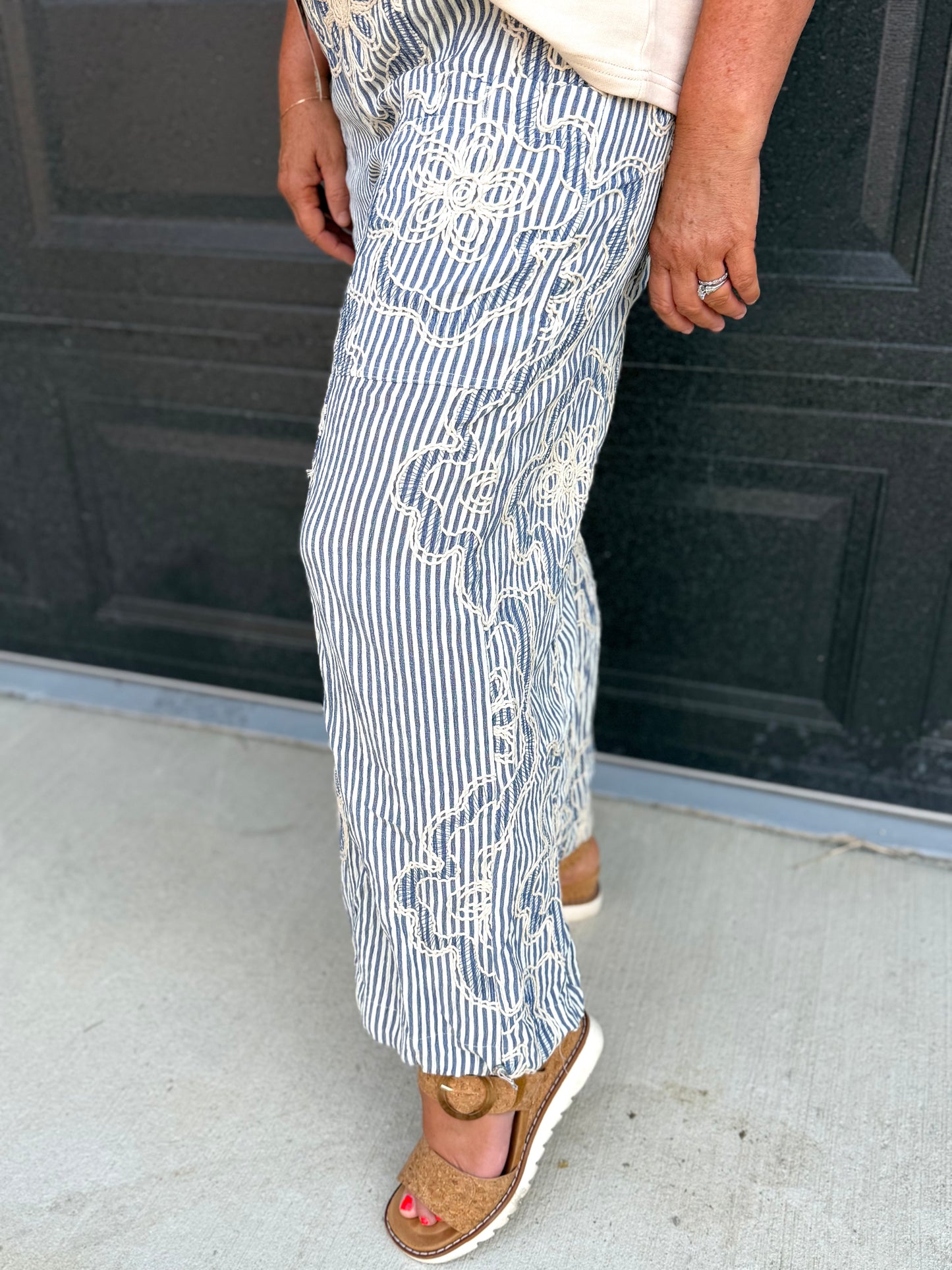 Easel Embroidery Striped Woven Pants