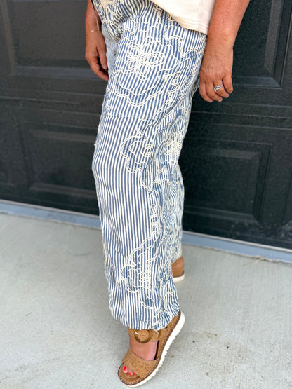 Easel Embroidery Striped Woven Pants