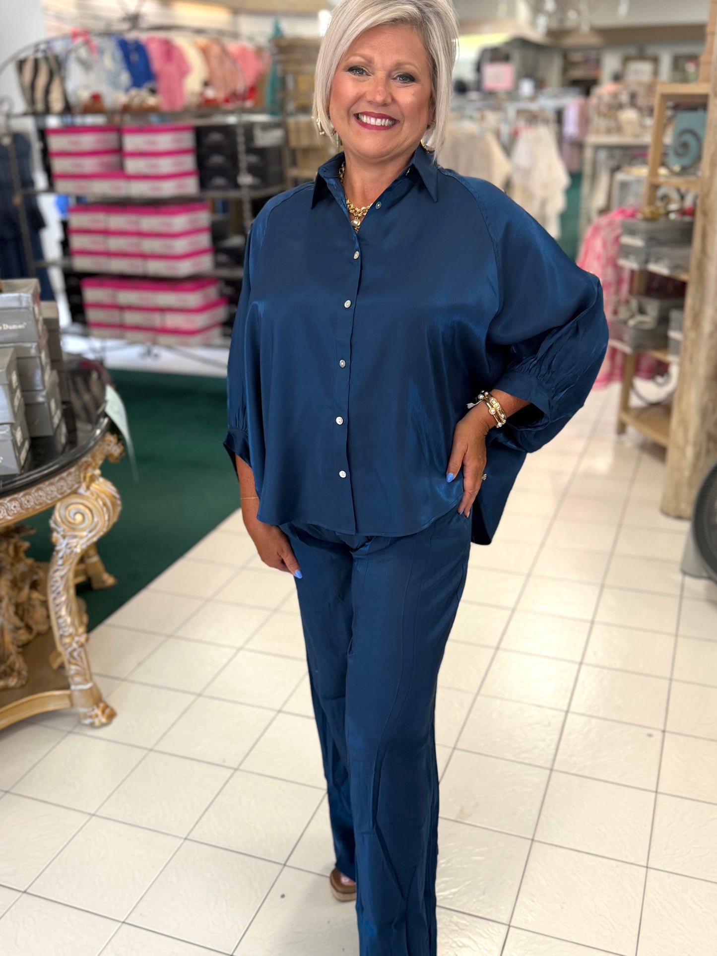 Glam Navy Blue Metallic Oversized Button Down Long Sleeve Shirt Blouse