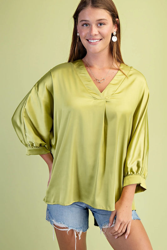 Gigio Apple Green Satin V-Neck Loose Fit Blouse