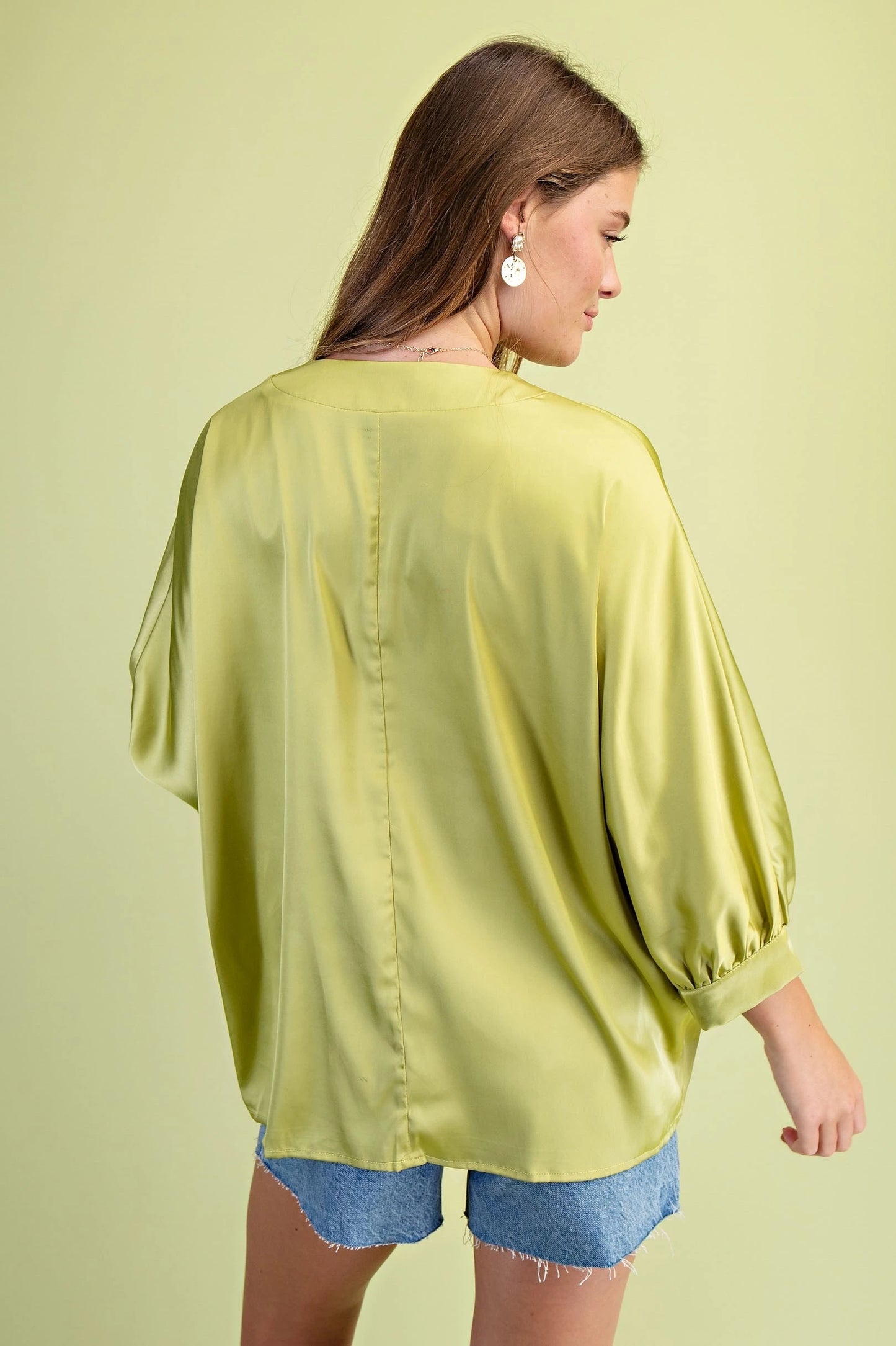 Gigio Apple Green Satin V-Neck Loose Fit Blouse
