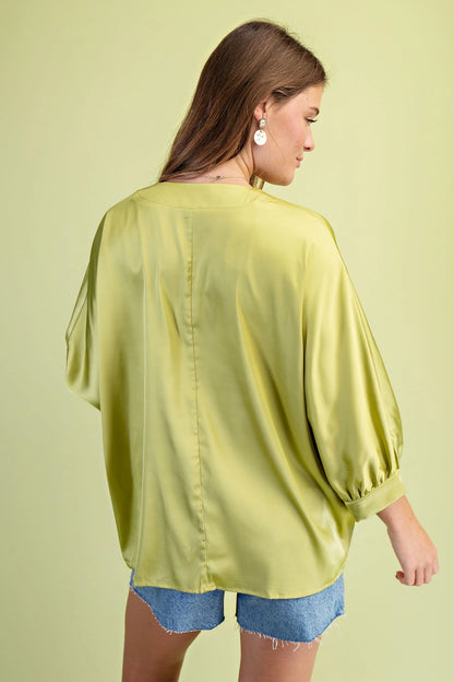 Gigio Apple Green Satin V-Neck Loose Fit Blouse