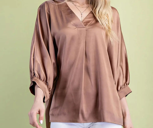 Gigio Coffee Satin V-Neck Loose Fit Blouse
