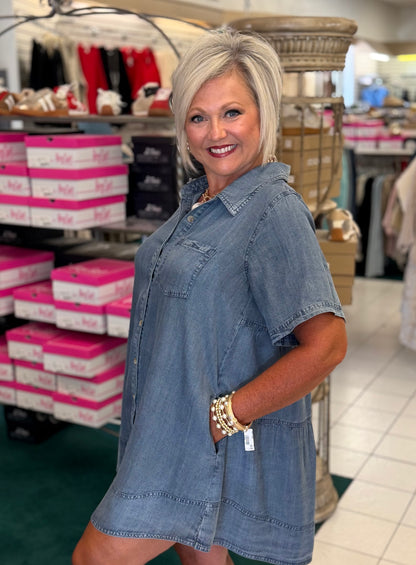 MittoShop Washed Tencel Chambray Tier Back Mini Shirt Dress