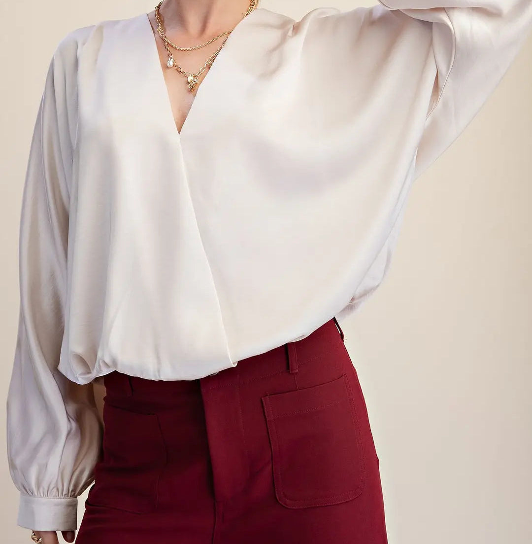 Glam Cream V-Neck Wrap Longsleeve Blouse