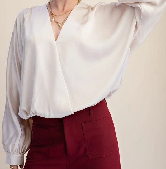 Glam Cream V-Neck Wrap Longsleeve Blouse